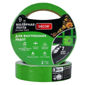 Лента малярная DECOR зеленая для внутренних работ 9мм х 25м 7 дней без следов