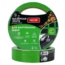Лента малярная DECOR зеленая для внутренних работ 9мм х 25м 7 дней без следов